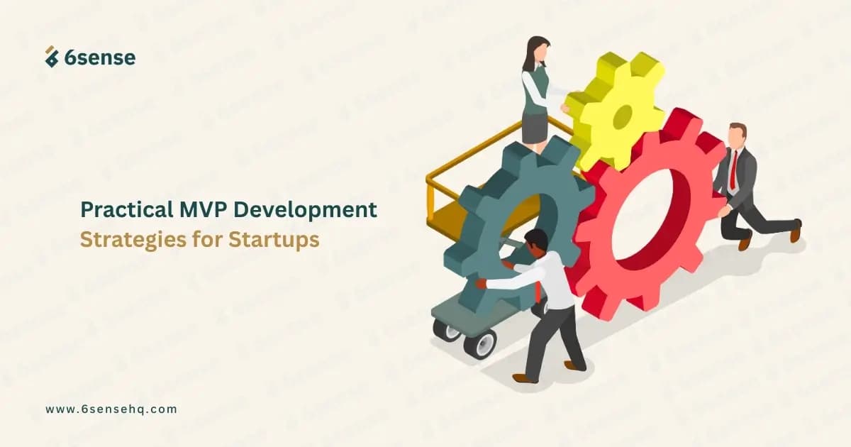 Illustration of a team moving gears, representing practical MVP development strategies for startups.