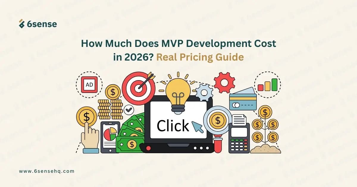 Illustration showing MVP development cost in 2026 with icons representing budgeting, analytics, payments, and product planning for startups.