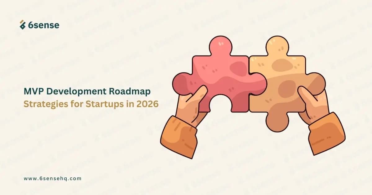 A title card for "MVP Development Roadmap: Strategies for Startups in 2026" featuring an illustration of two hands connecting a red and an orange puzzle piece.