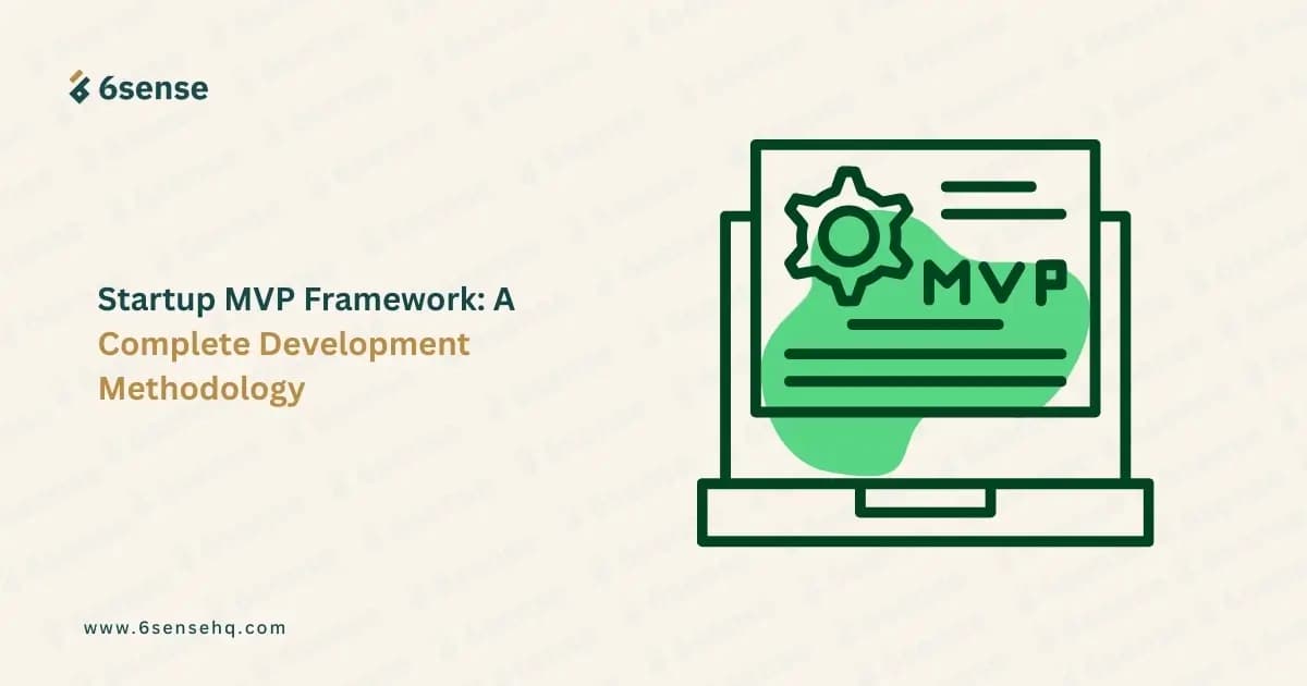 A title slide for "Startup MVP Framework: A Complete Development Methodology" featuring a green-themed illustration of a laptop with a gear icon and the letters "MVP" on the screen.