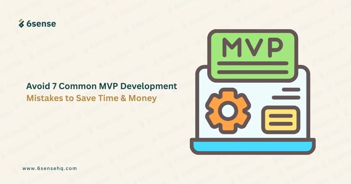 A title slide titled "Avoid 7 Common MVP Development Mistakes to Save Time & Money" with an illustration of a laptop showing an MVP label and a gear icon.