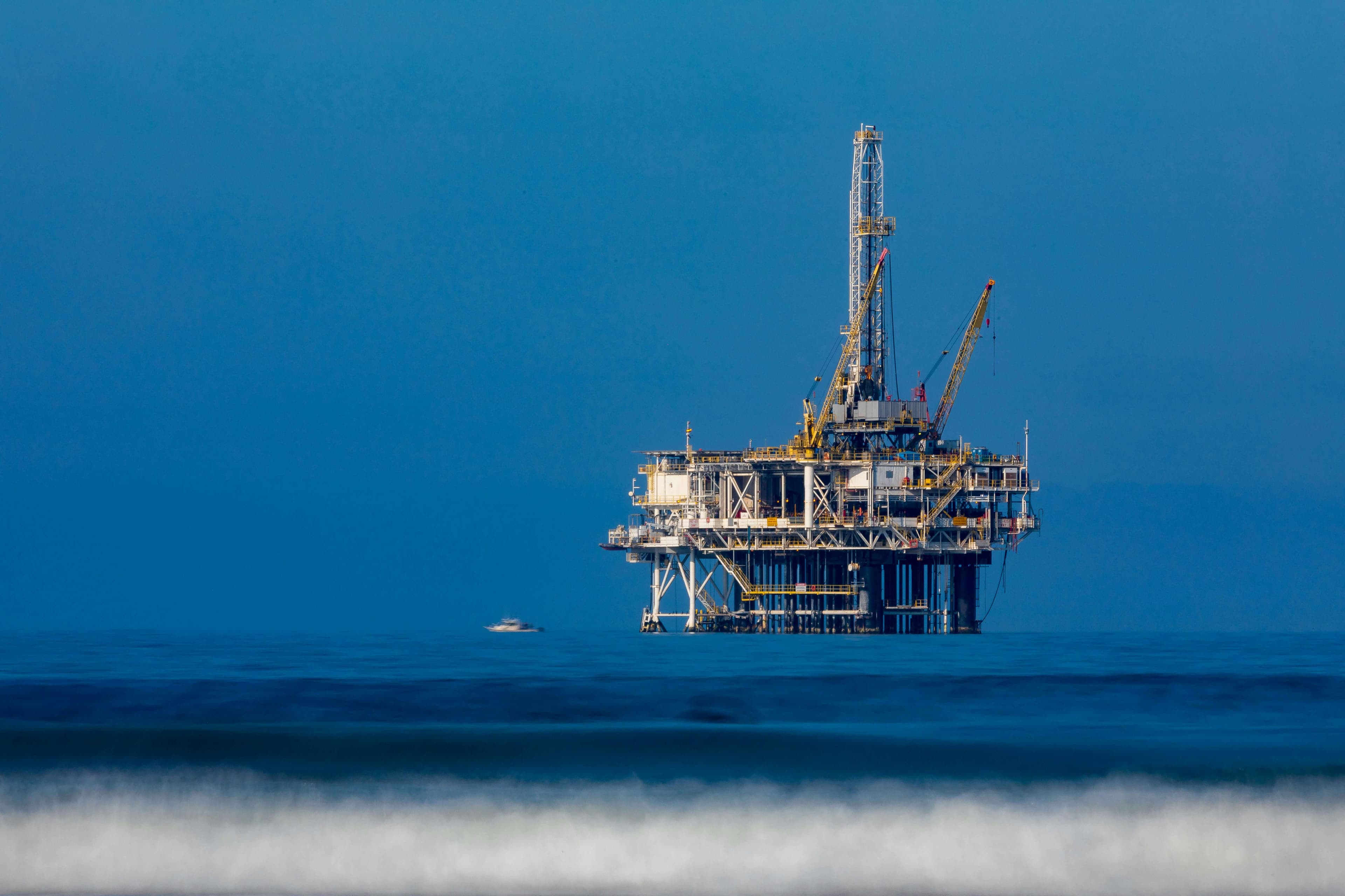 Offshore oil drilling platform in the Pacific Ocean near Huntington Beach, California.