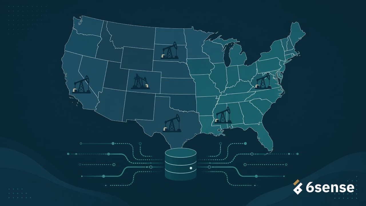 Map of US oil and gas producing states connected to a central data platform.