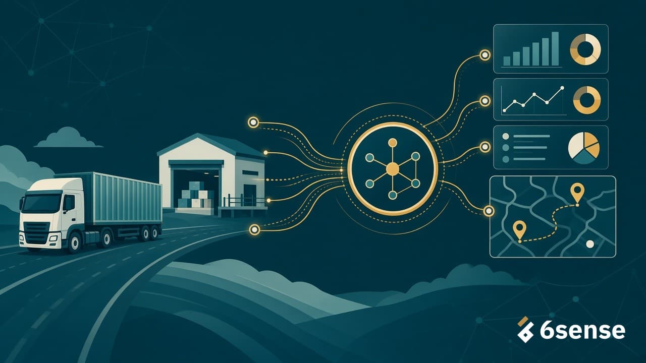 Flat illustration of a truck and warehouse connected by data lines to a central integration hub, dashboards and a route map, in 6sense teal and gold