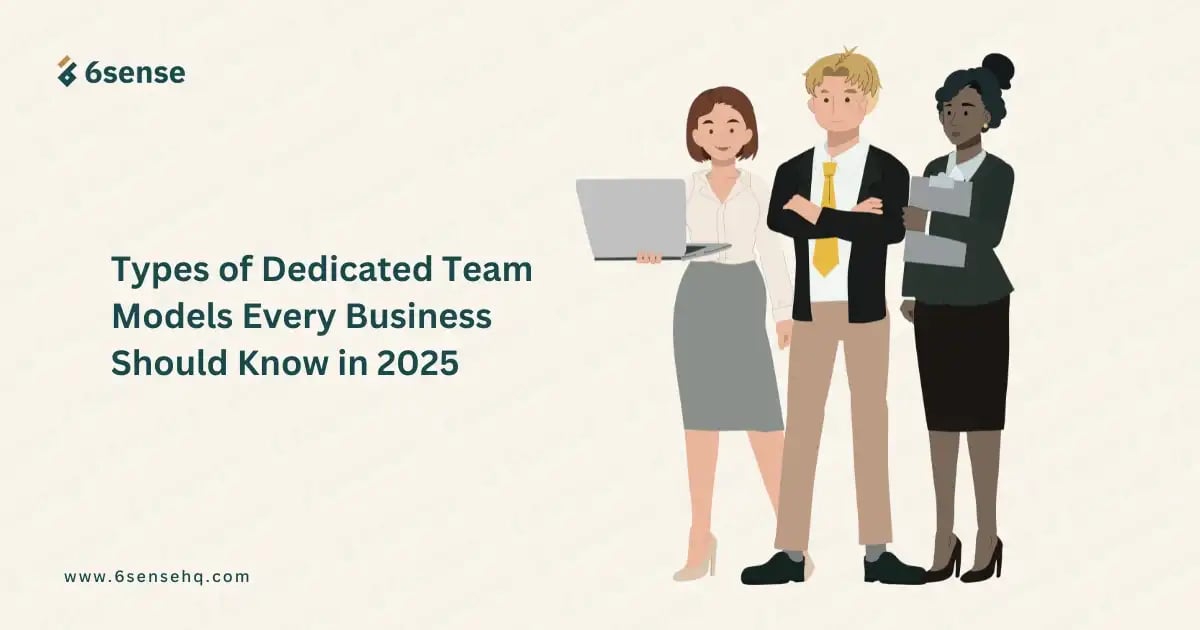 an image with text types of dedicated team models and three business persons vector