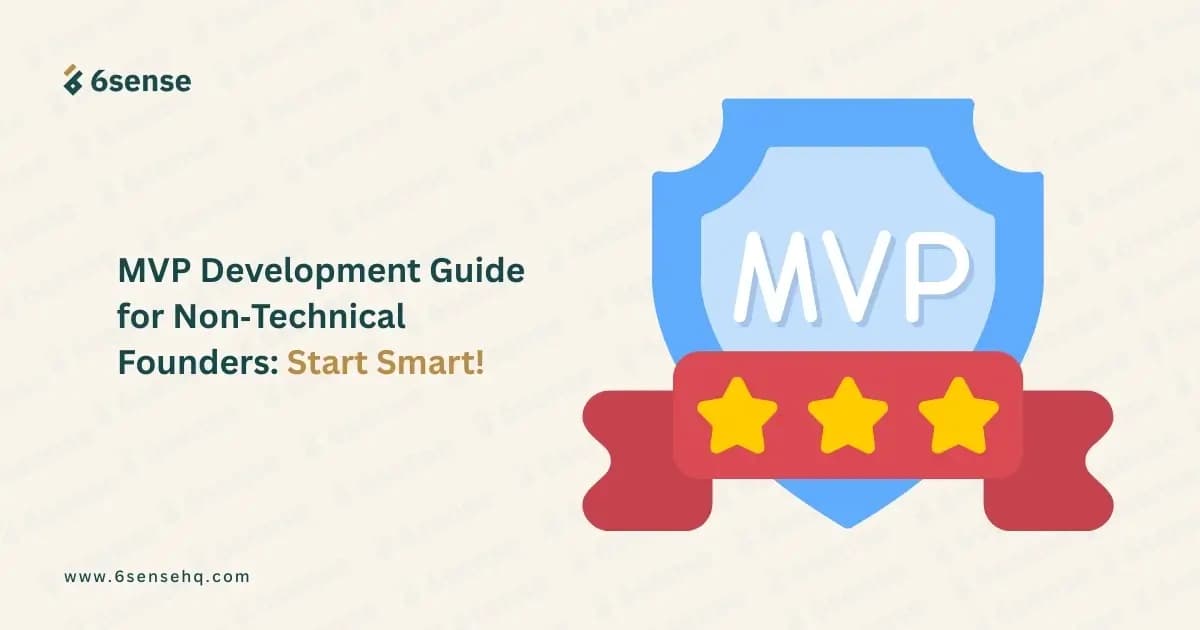 Illustration showing MVP development guide for non-technical founders with MVP badge and startup validation concept