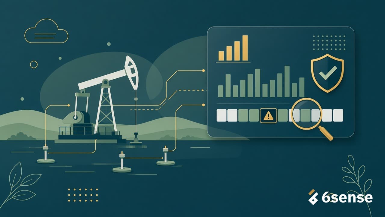 Illustration of an oil pumpjack and wells connected by data lines to a dashboard with charts, a checkmark shield, and a magnifying glass highlighting a flagged data value