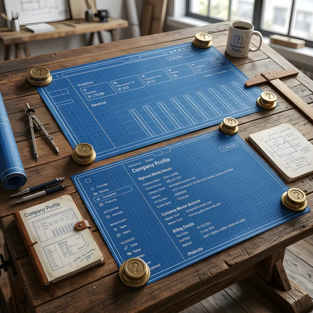 Blueprint-style dashboard and company profile screens on a wooden drafting table