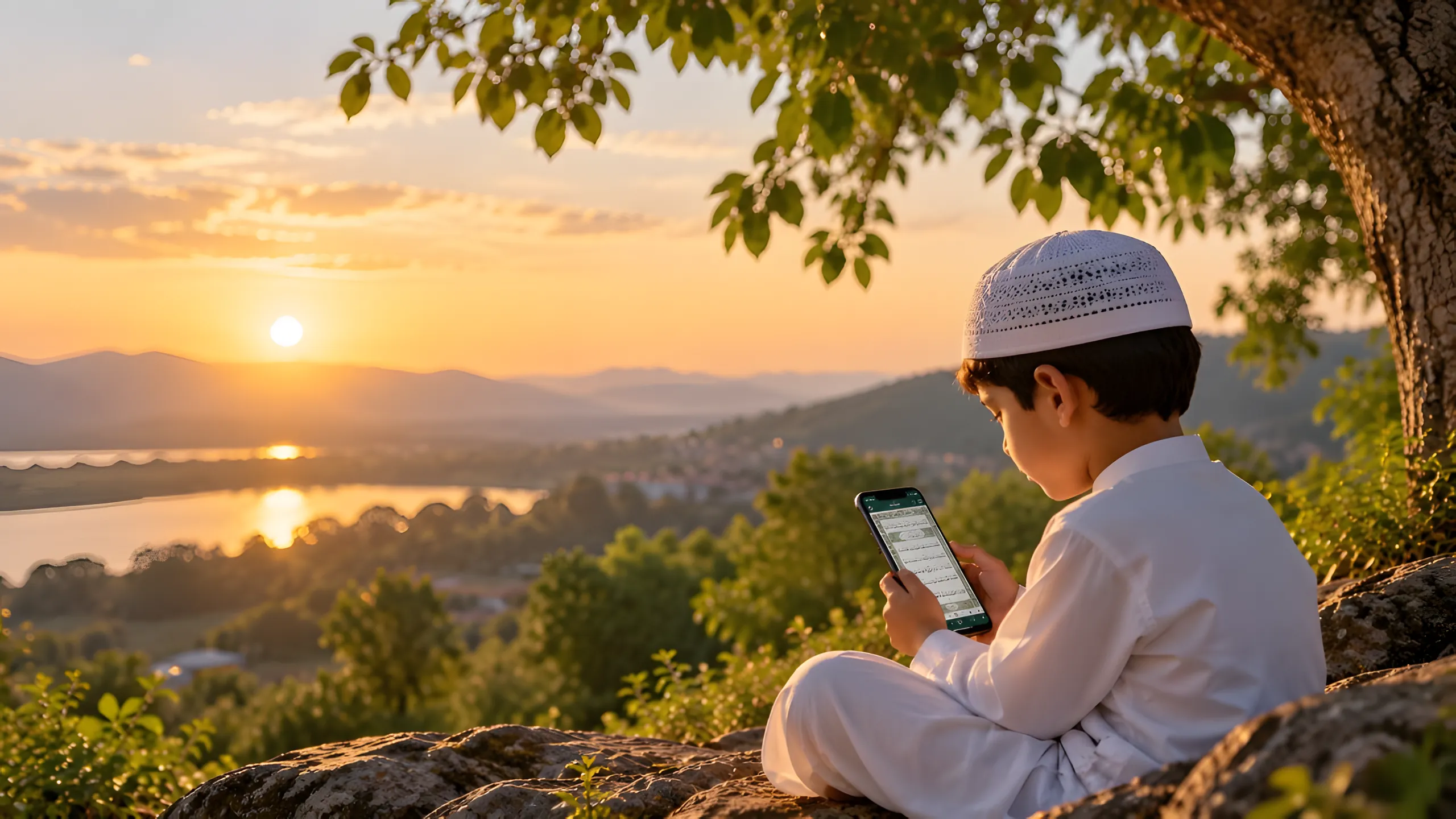 A boy in a white kufi reading the Quran Touch app on a hillside at sunset