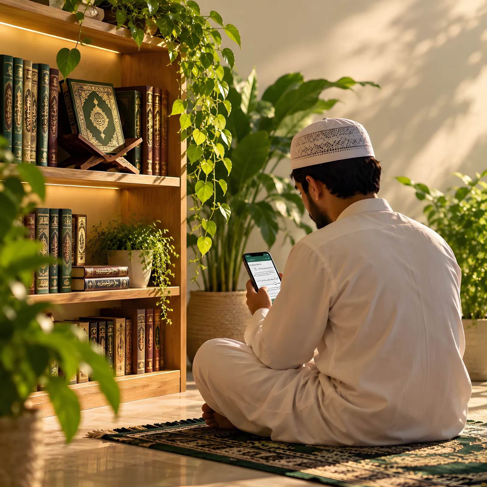 A man in a white kufi sitting on a prayer rug reading the Quran Touch app beside a shelf of Islamic books