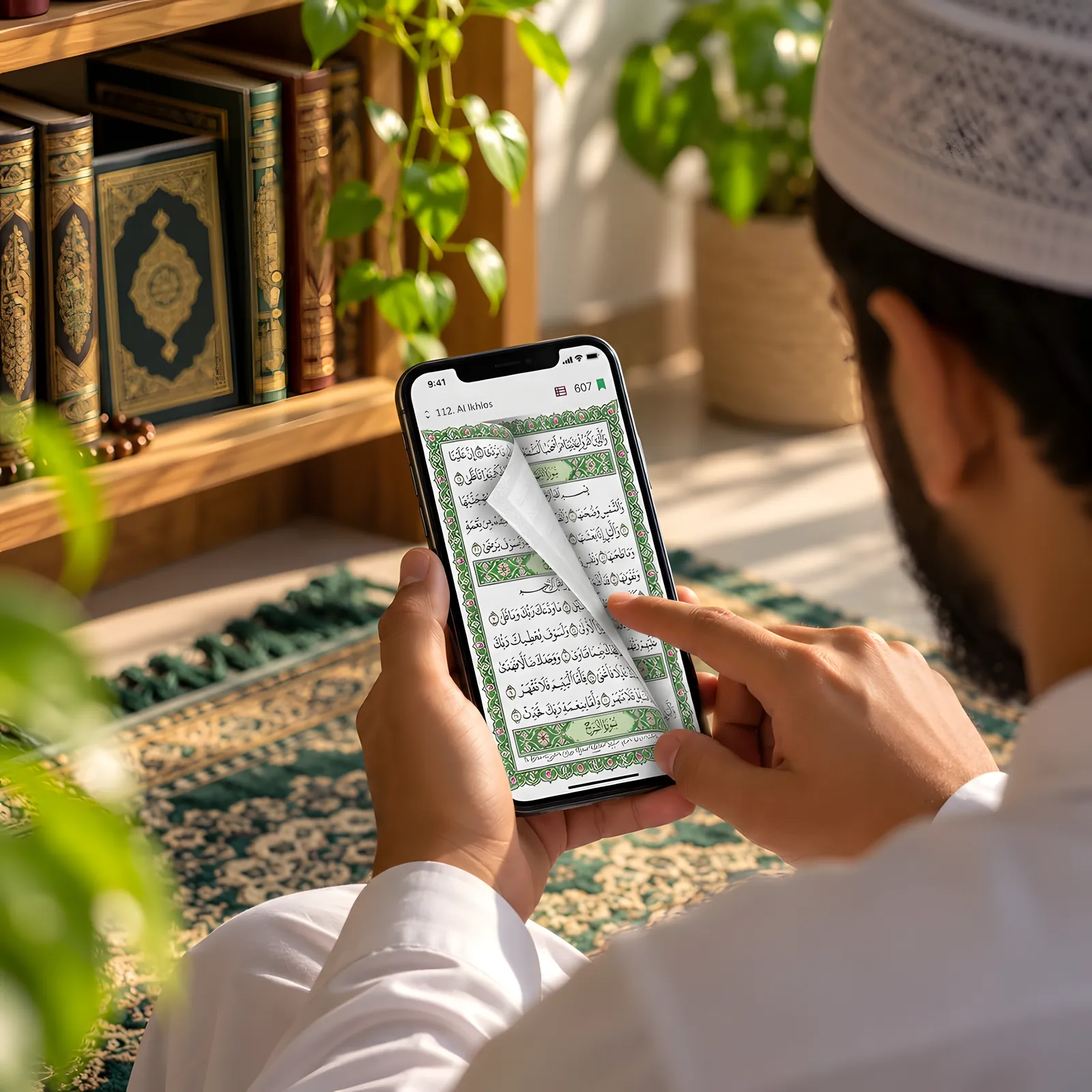 Close-up of a man turning a page of the Quran in the Quran Touch app on his phone