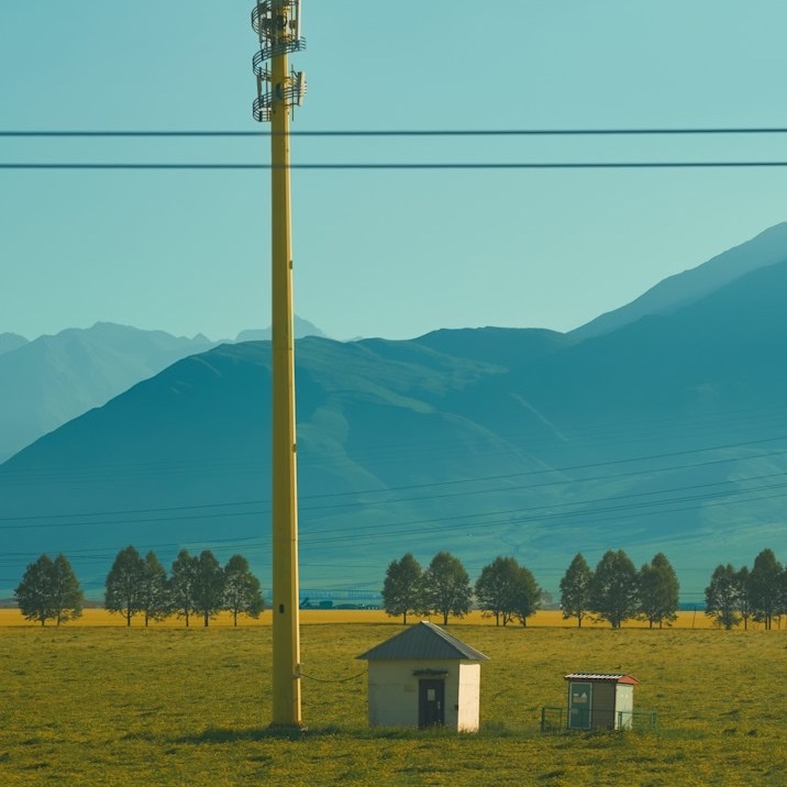 A utility pole and small substation huts in a field below mountains